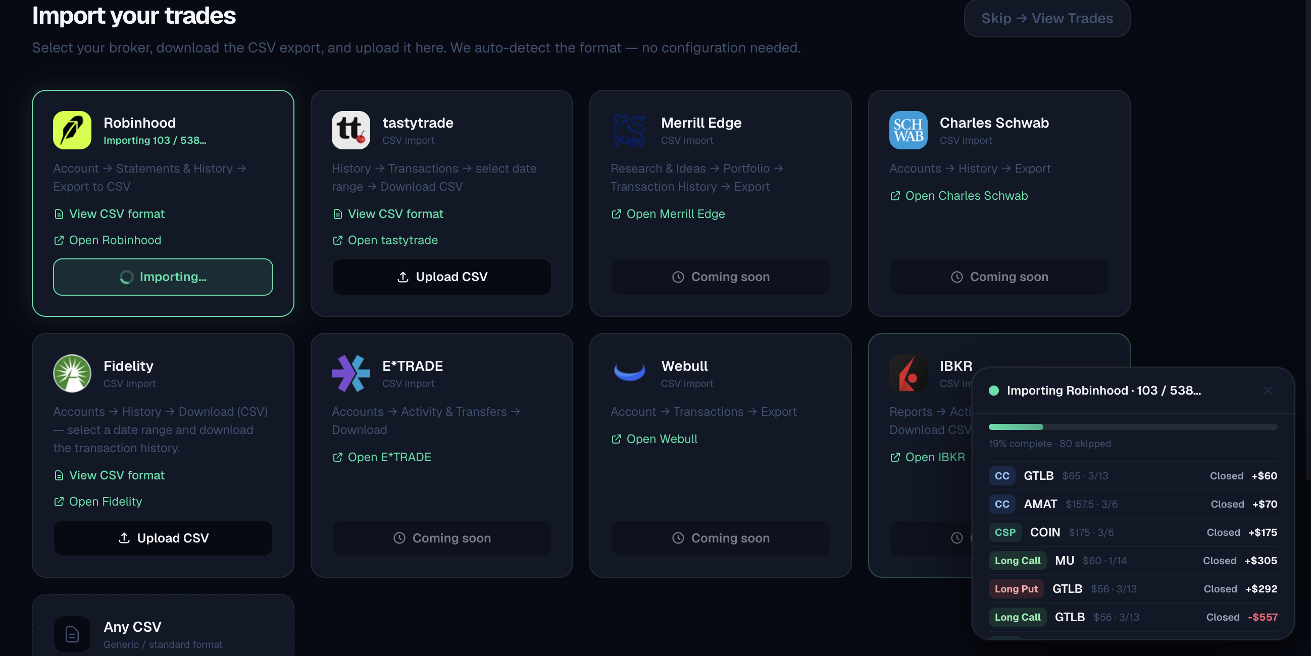 Trades — dark mode