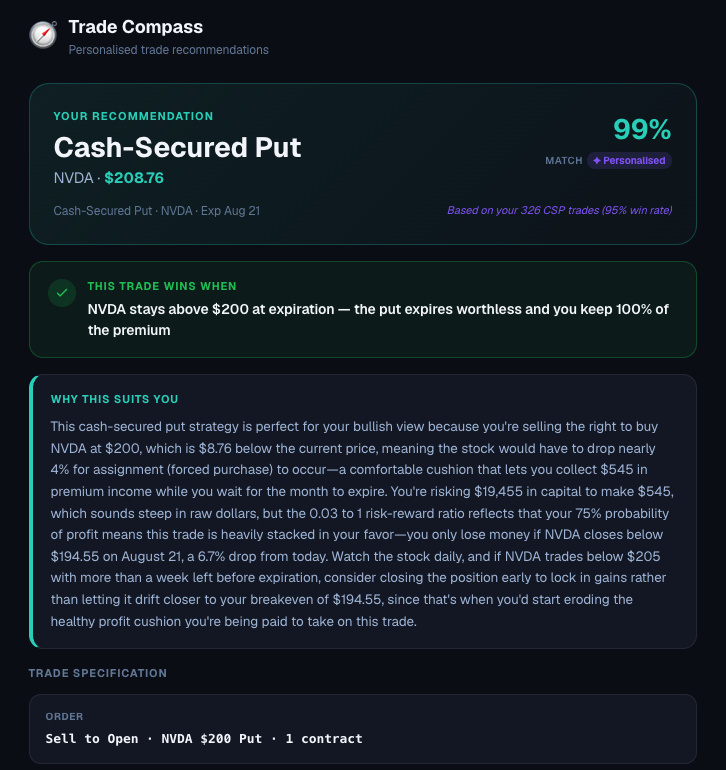 Trade Compass recommendation — dark